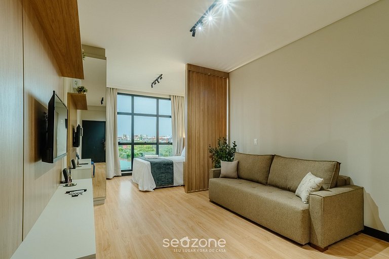 Studio c/ piscina no prédio, 550m da praia LDU0205