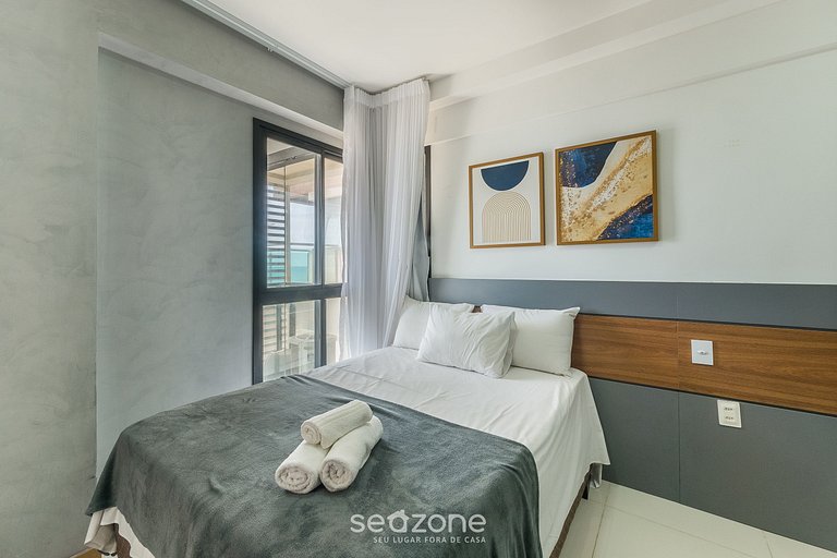 Apto 1 suíte c/ varanda vista mar HBA0108